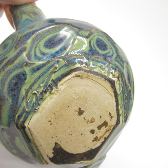 Handmade Ceramic Teapot Artisan Handle & Abstract Green Blue Swirl Glaze Signed - Picture 14 of 16